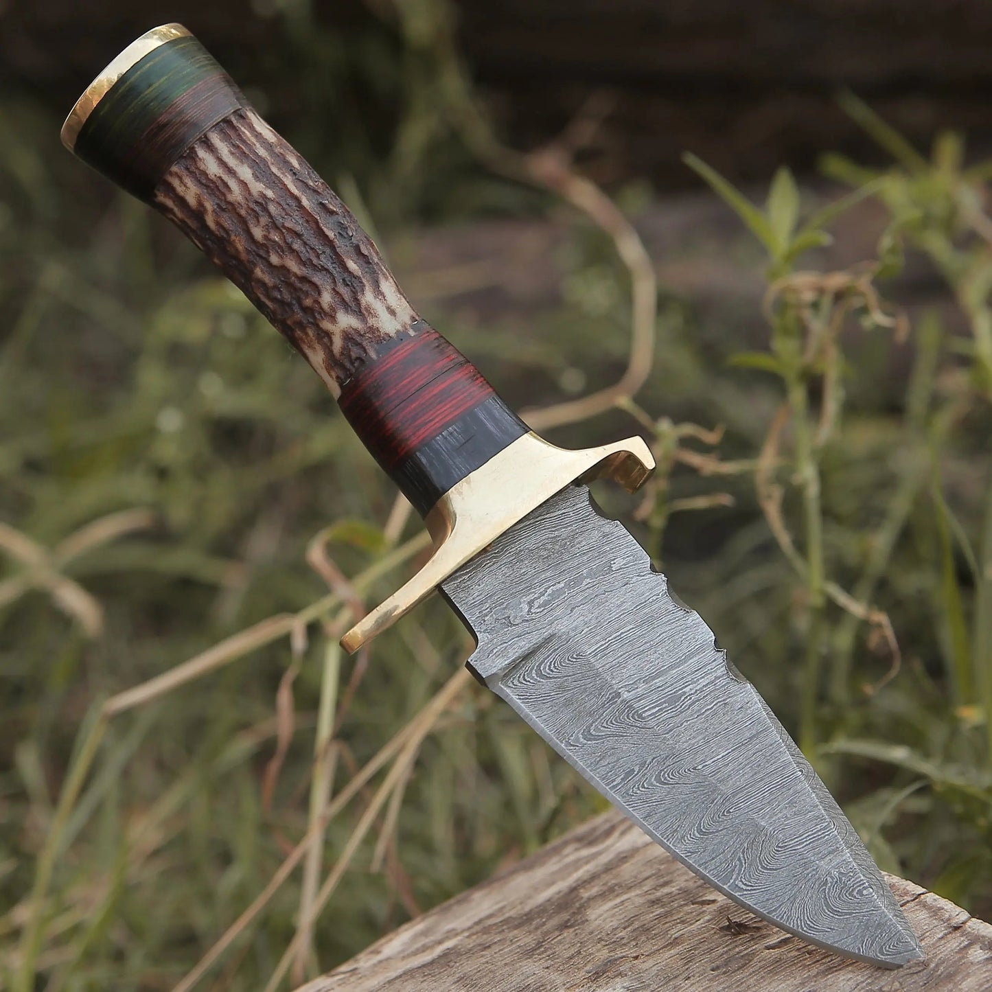 Custom Hand Forged Damascus Steel Hunting Brass Guard Knife& Stag Handle WH 57