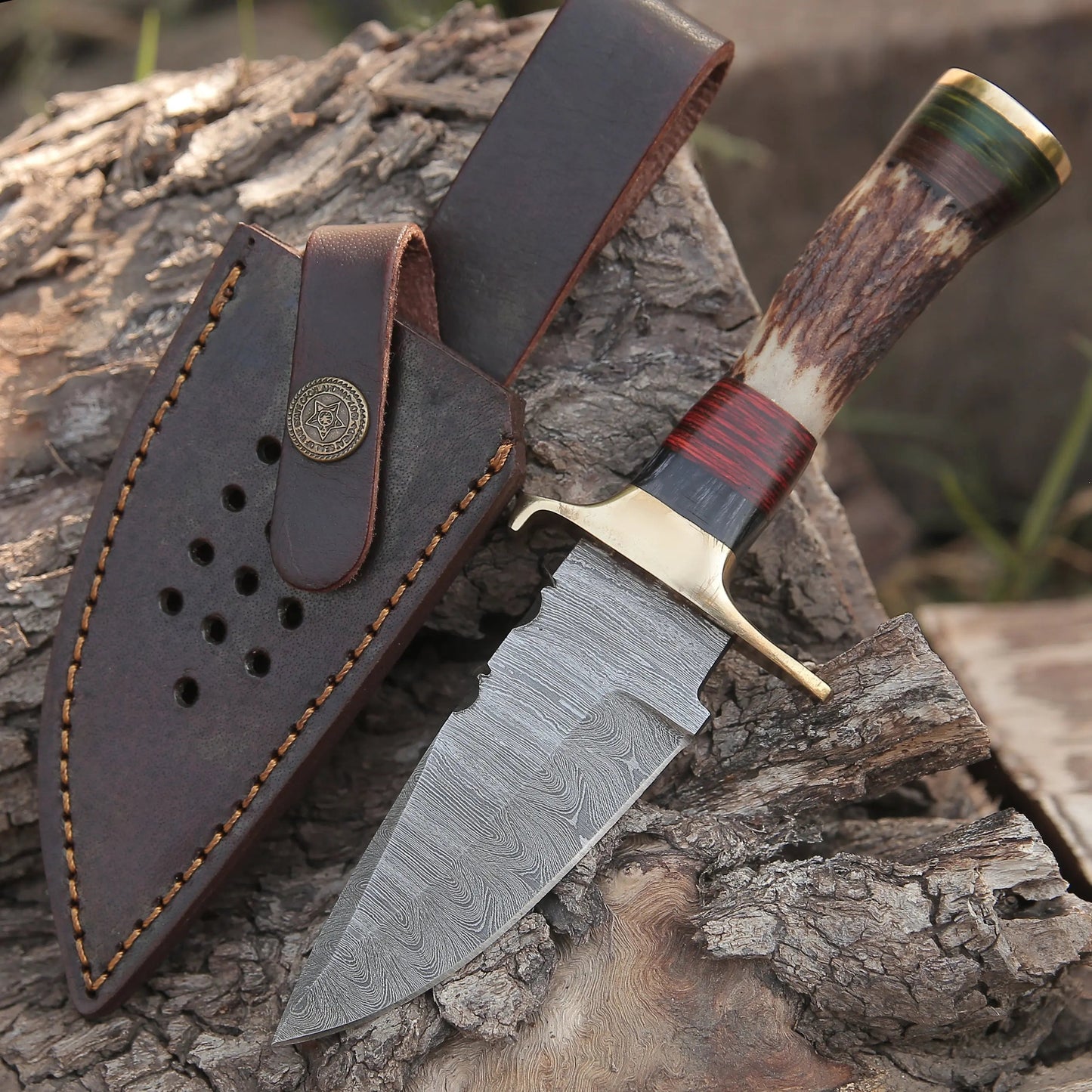 Custom Hand Forged Damascus Steel Hunting Brass Guard Knife& Stag Handle WH 57