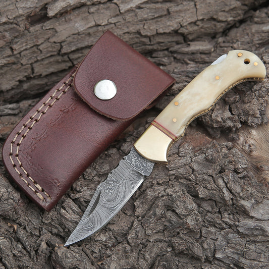 Custom Hand Forged Damascus Folding Knife Engraved Brass Bolster With Bone Handle WH 1554