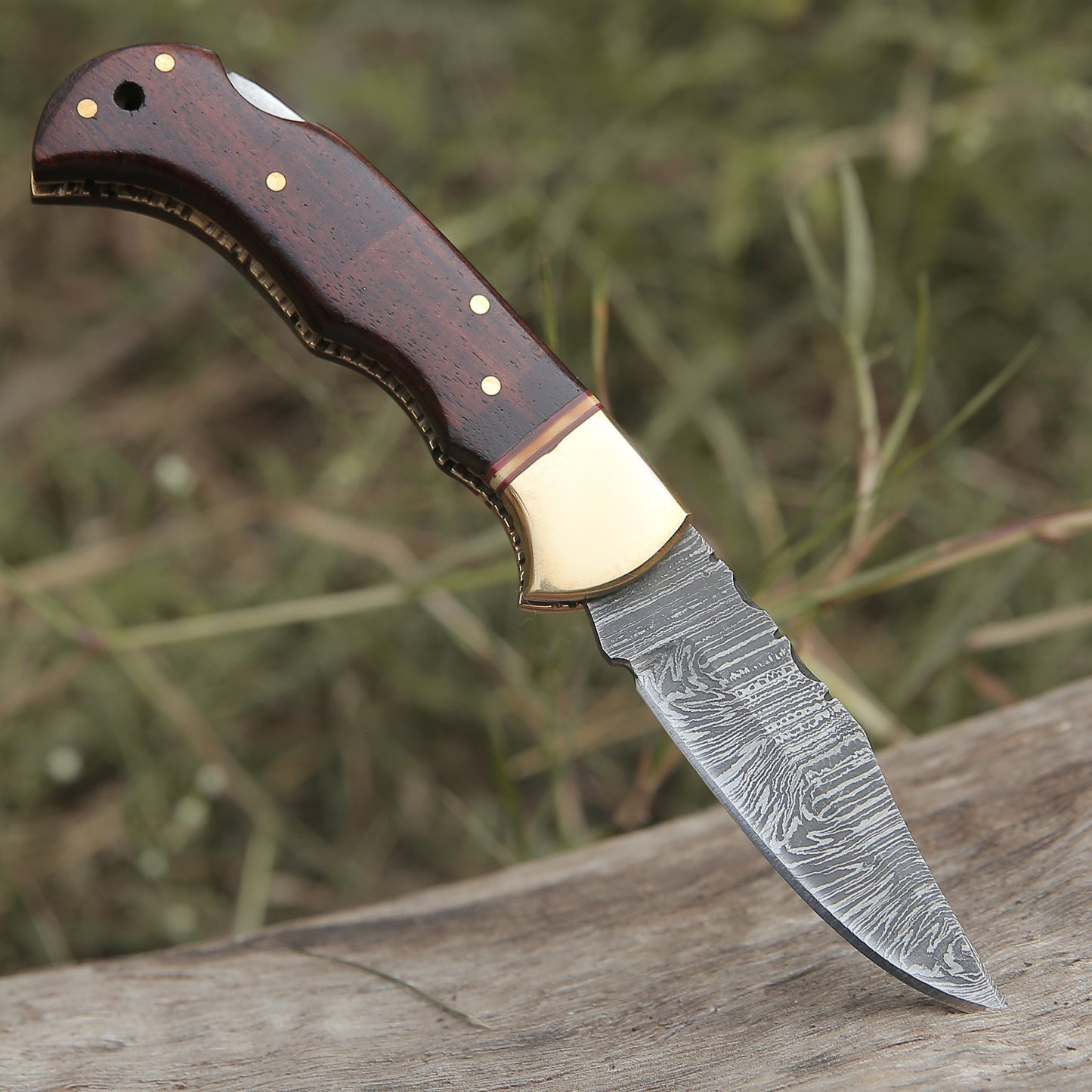 Custom Hand Forged Damascus Folding Knife Brass Bolster With Rose Wood Handle WH 1555