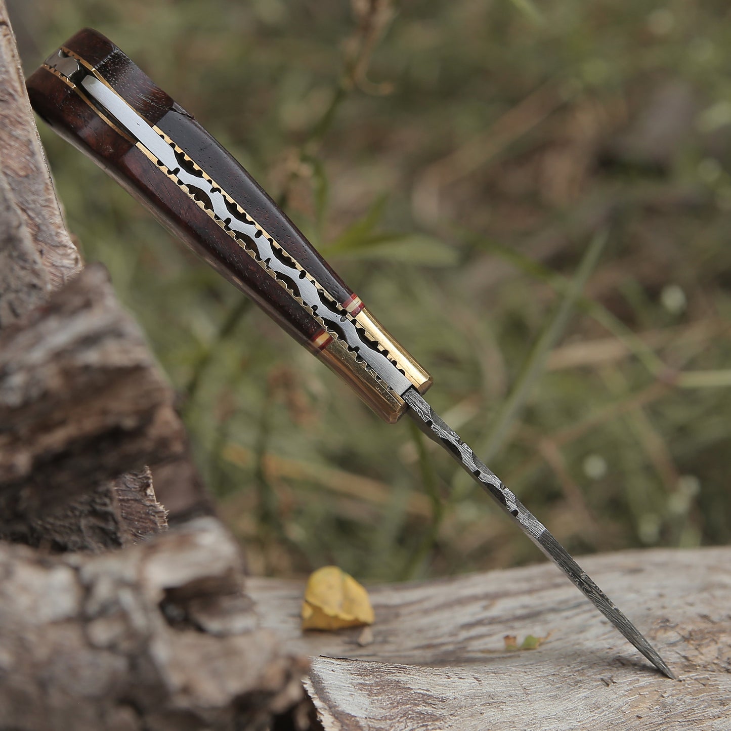 Custom Hand Forged Damascus Folding Knife Brass Bolster With Rose Wood Handle WH 1555