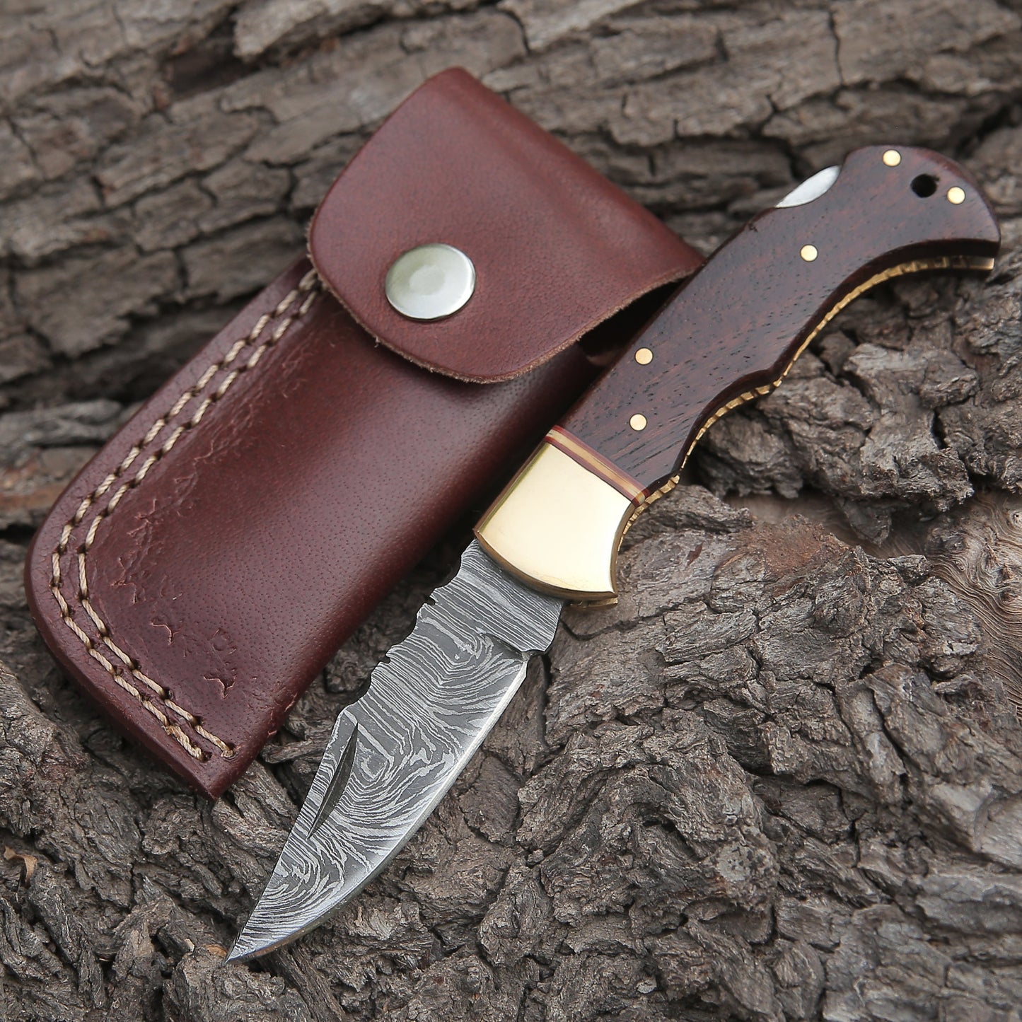 Custom Hand Forged Damascus Folding Knife Brass Bolster With Rose Wood Handle WH 1555