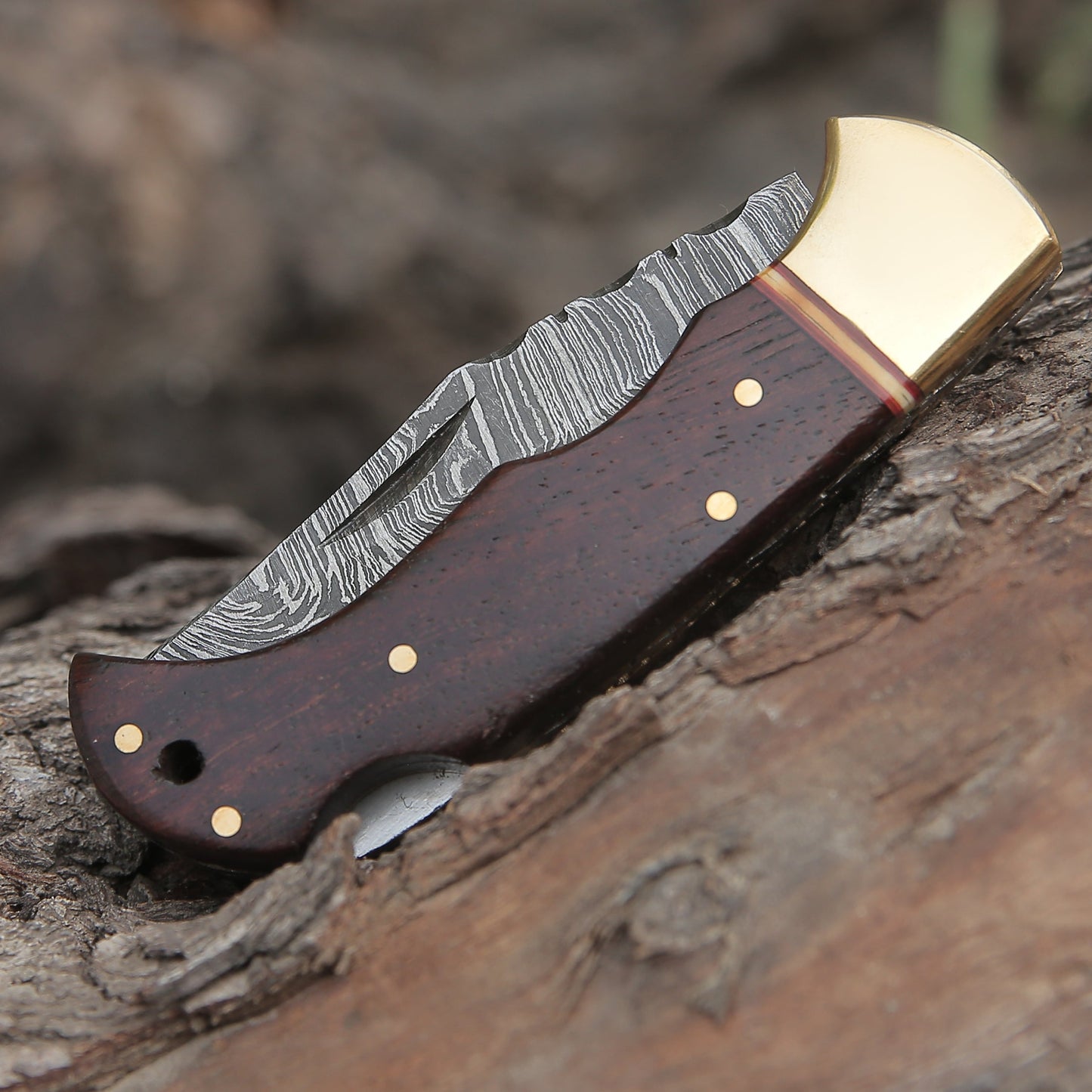 Custom Hand Forged Damascus Folding Knife Brass Bolster With Rose Wood Handle WH 1555