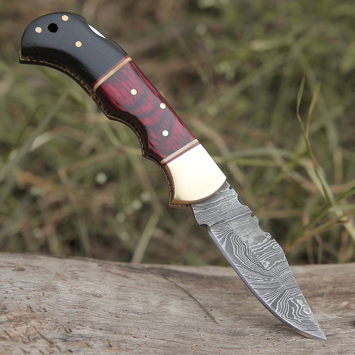Custom Hand Made Damascus Steel Hunting Folding Knife With Brass Bolster & Bull Horn Wood Handle WH 3506