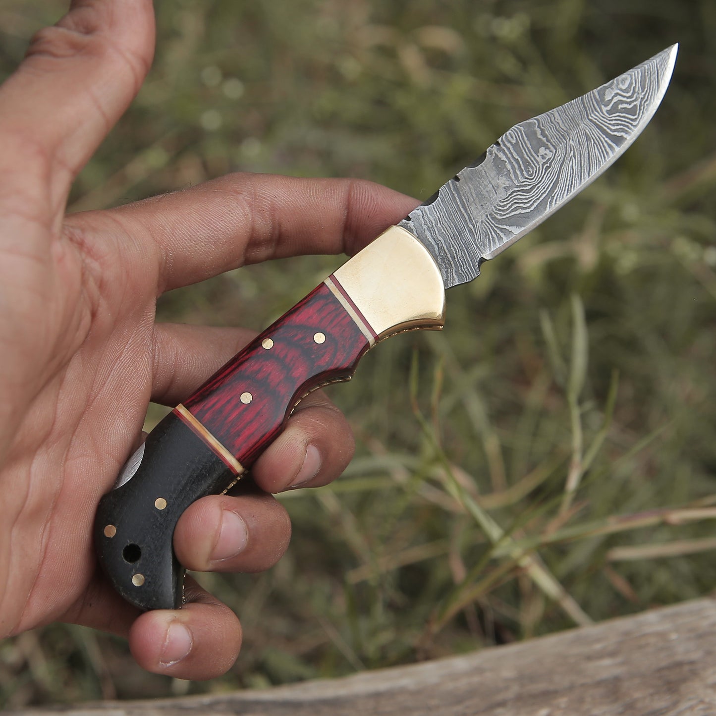 Custom Hand Made Damascus Steel Hunting Folding Knife With Brass Bolster & Bull Horn Wood Handle WH 3506