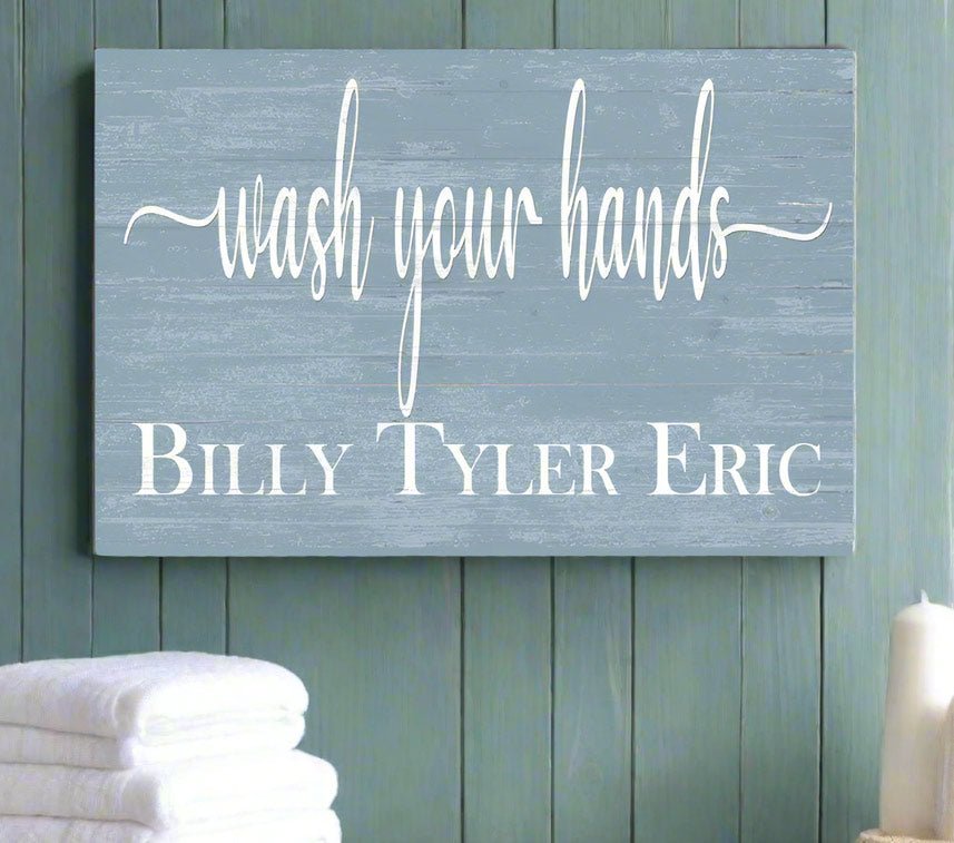 Wash Your Hands Bathroom Sign with Kids Names Personalized Farmhouse Style