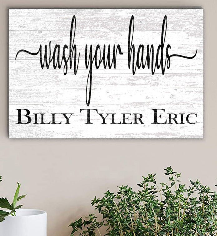 Wash Your Hands Bathroom Sign with Kids Names Personalized Farmhouse Style