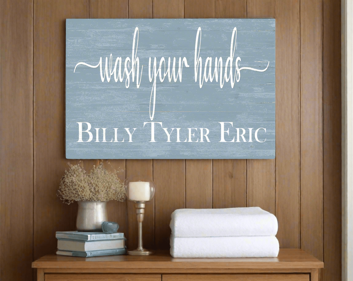 Wash Your Hands Bathroom Sign with Kids Names Personalized Farmhouse Style