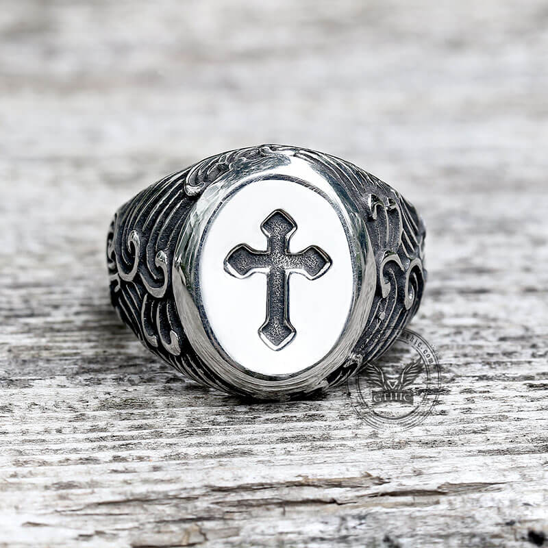 Wave Pattern Budded Cross Stainless Steel Ring