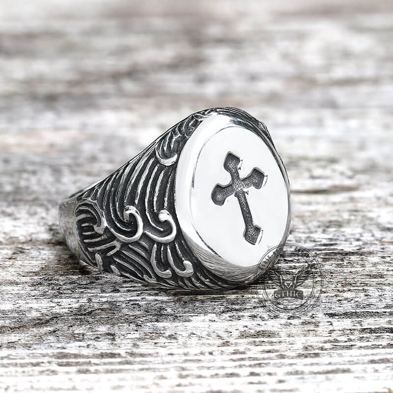 Wave Pattern Budded Cross Stainless Steel Ring
