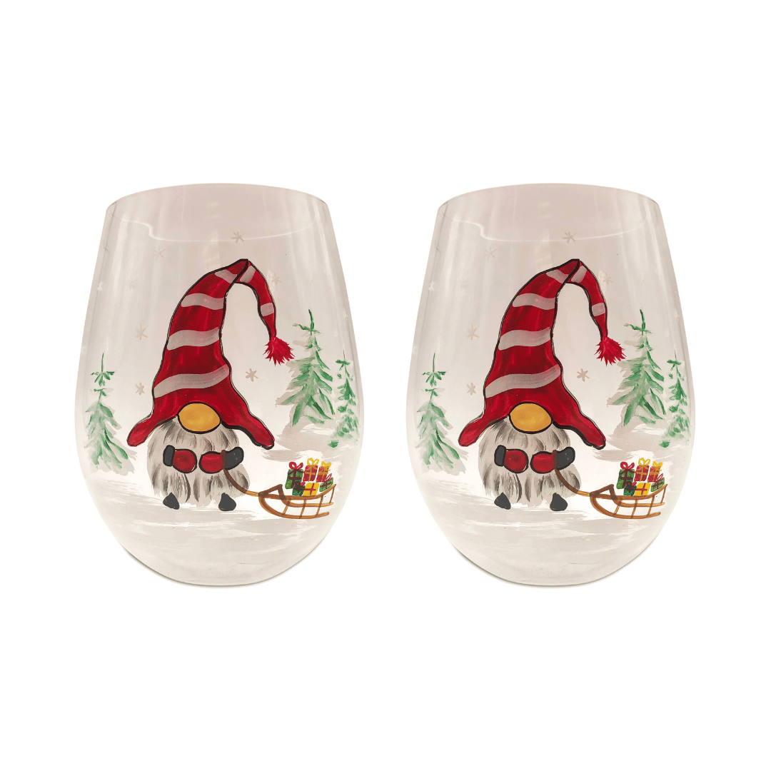 Painted Christmas Gnome Stemless Wine Glasses