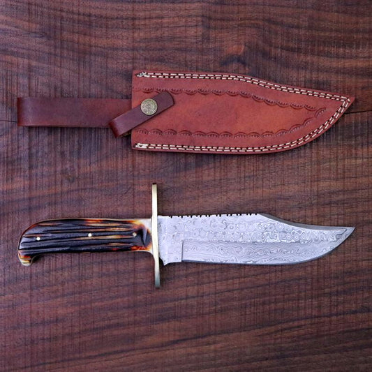 Western Bowie Knife – Handmade 15-Inch Damascus Steel with Bone Handle