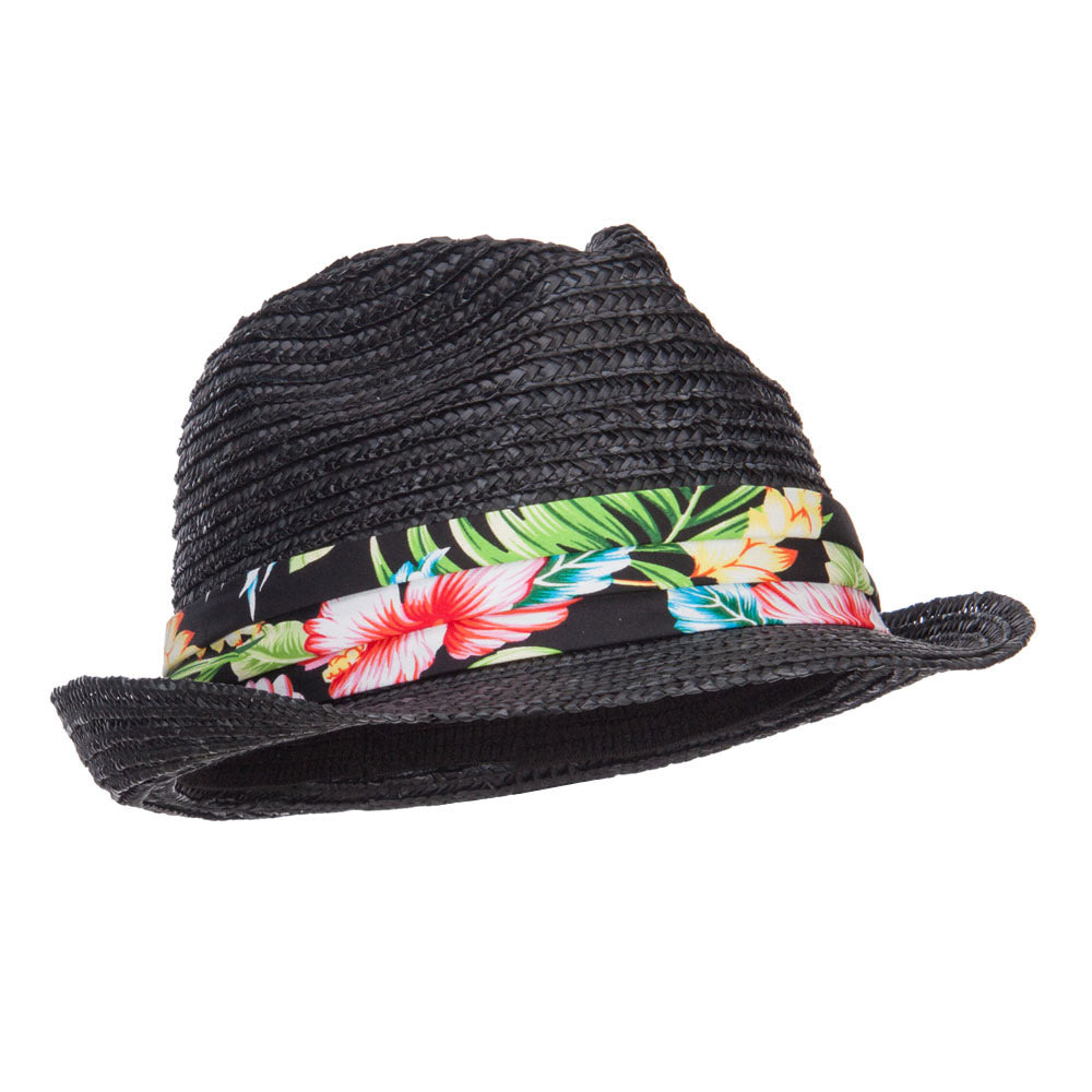 Wheat Braid Floral Band Straw Fedora