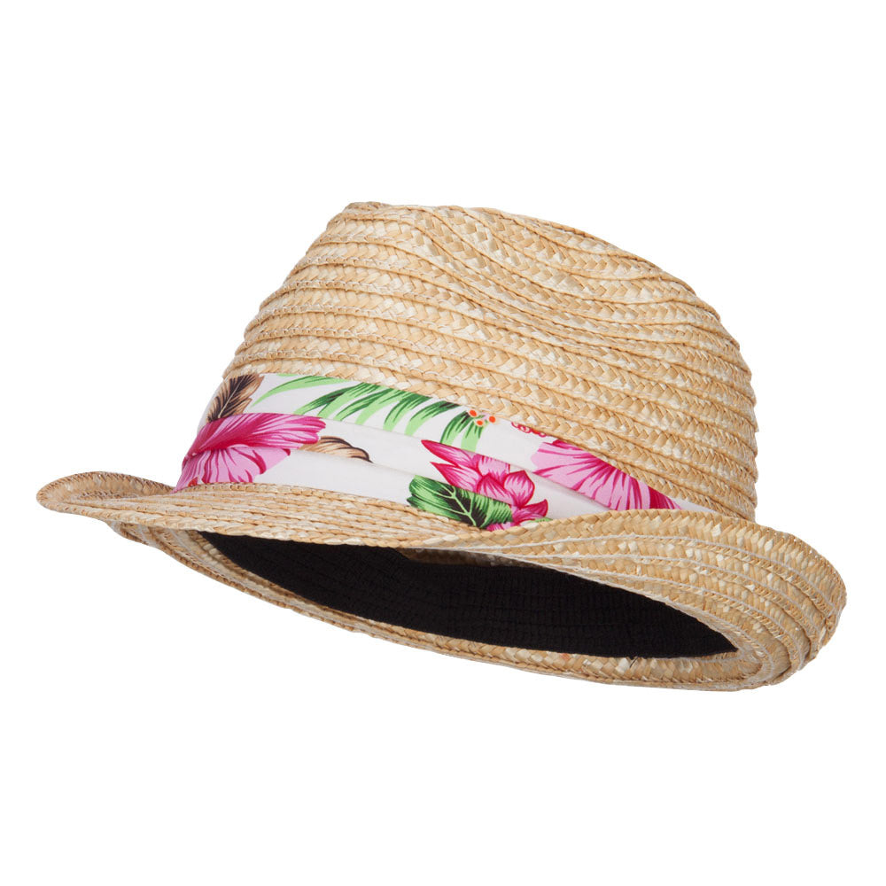 Wheat Braid Floral Band Straw Fedora