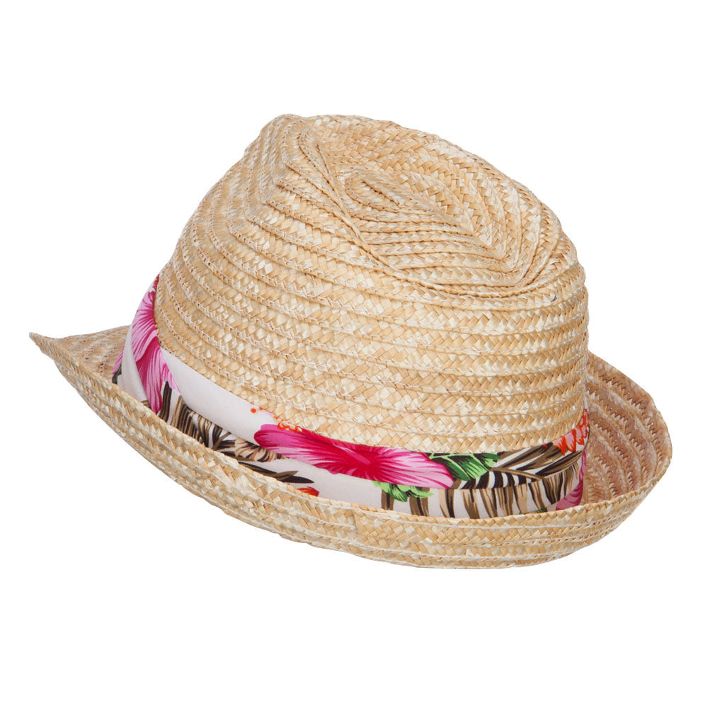 Wheat Braid Floral Band Straw Fedora