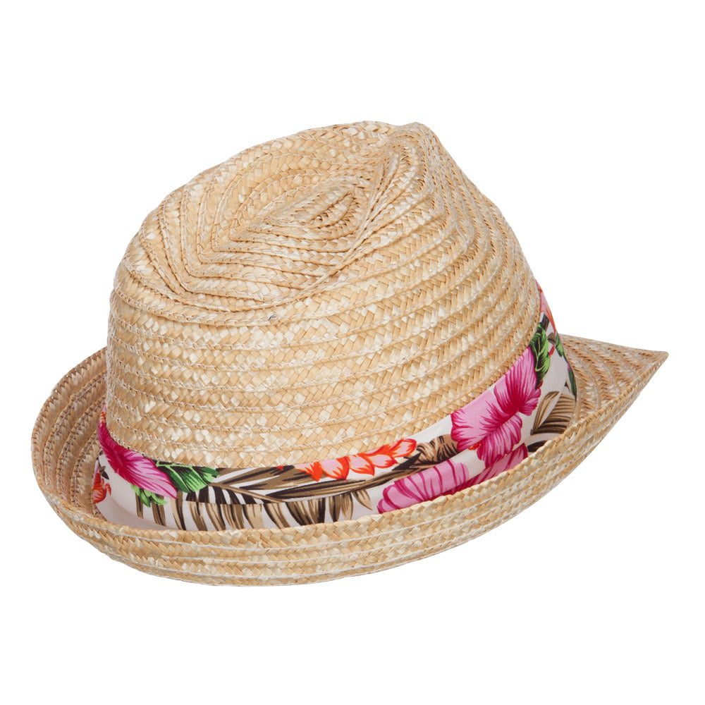 Wheat Braid Floral Band Straw Fedora