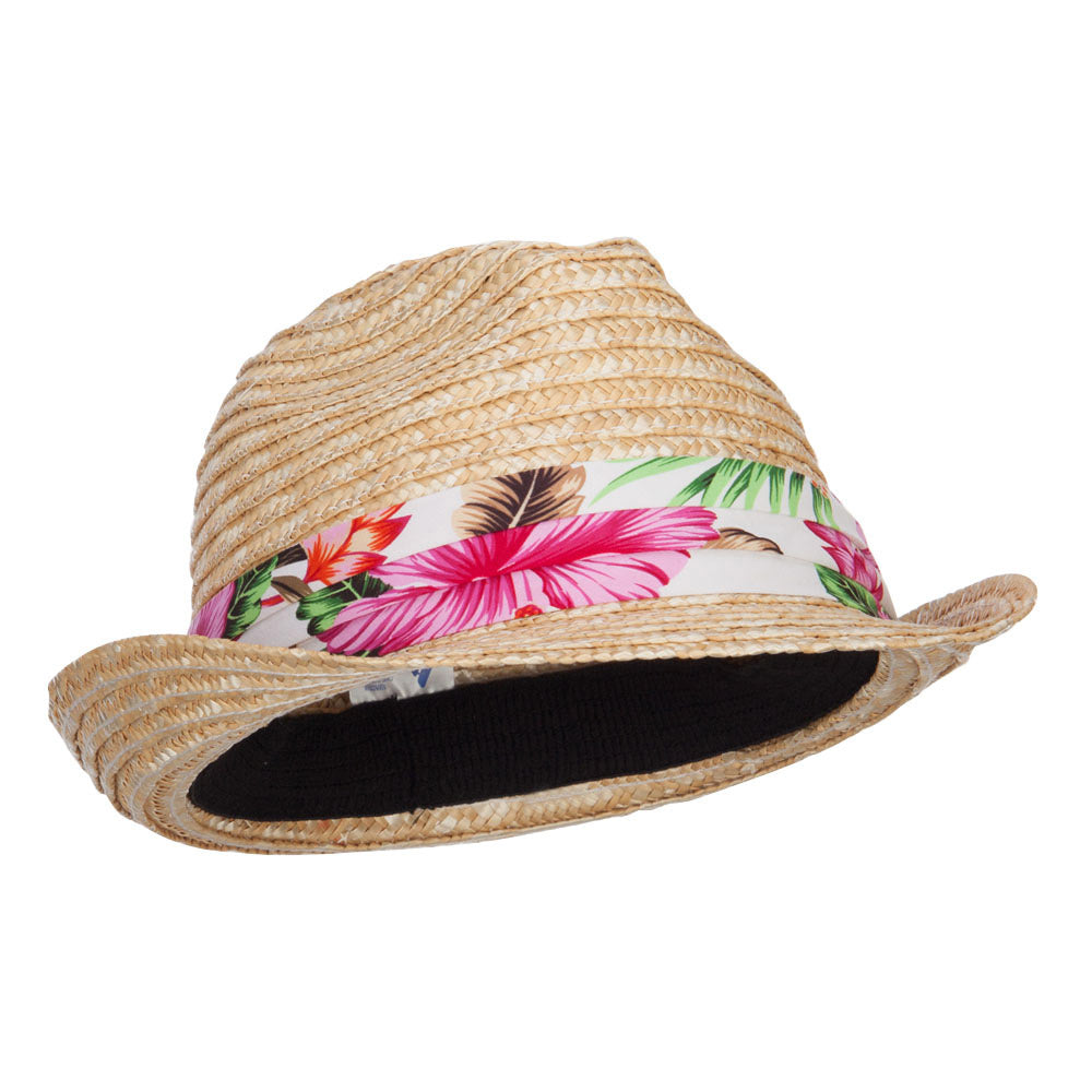 Wheat Braid Floral Band Straw Fedora