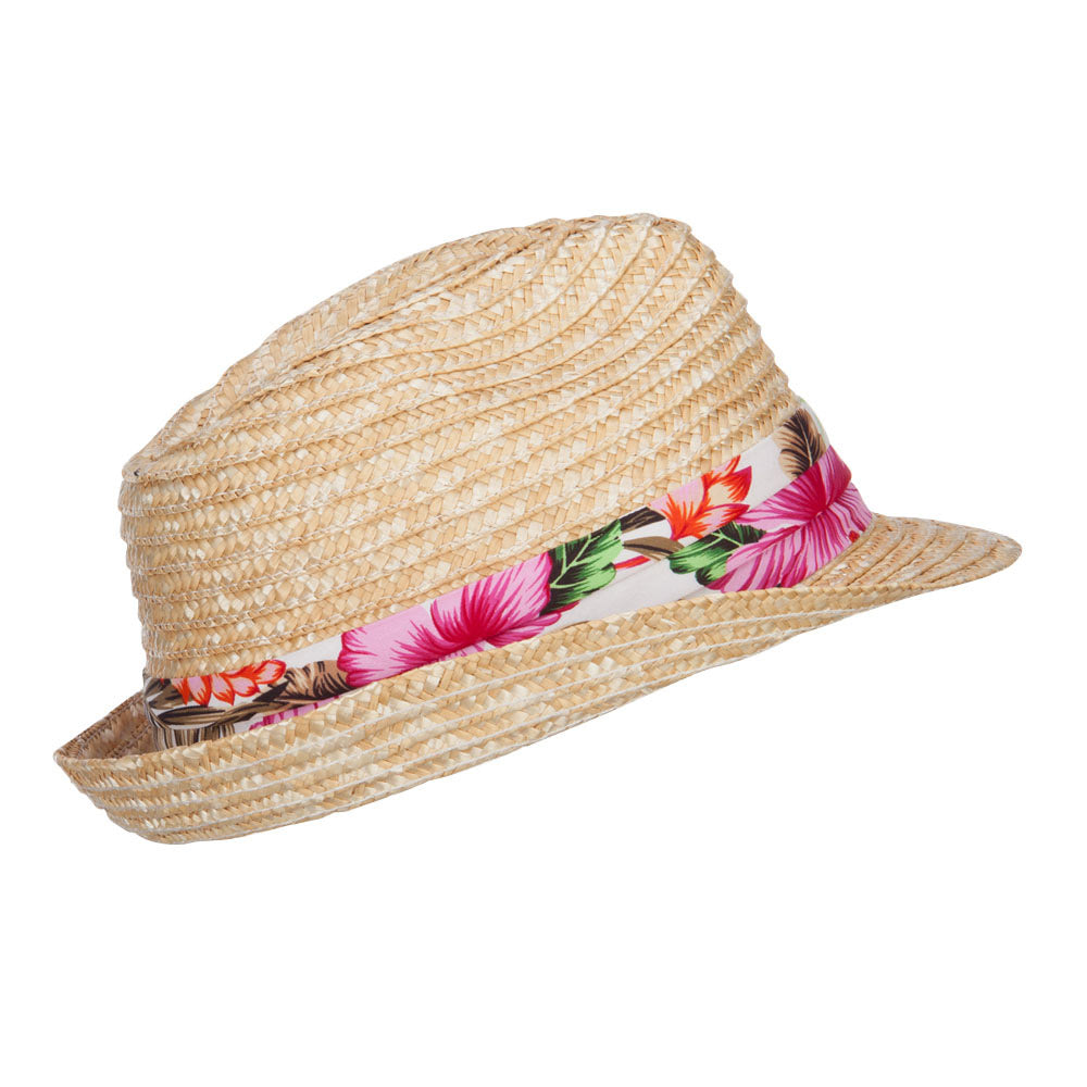 Wheat Braid Floral Band Straw Fedora