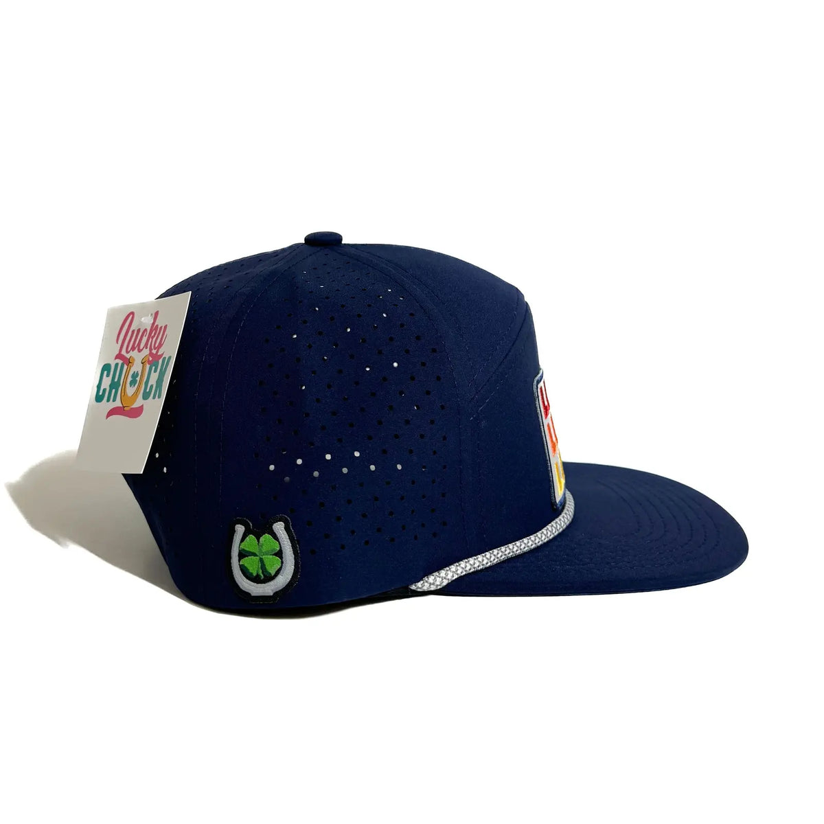 White Lucky Trio Patch 7 Panel Hat with Rope - Navy