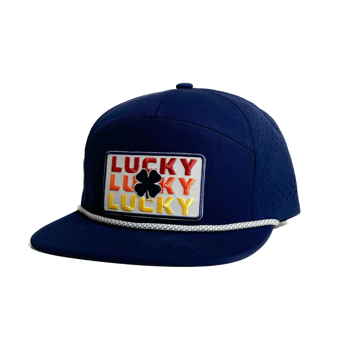 White Lucky Trio Patch 7 Panel Hat with Rope - Navy