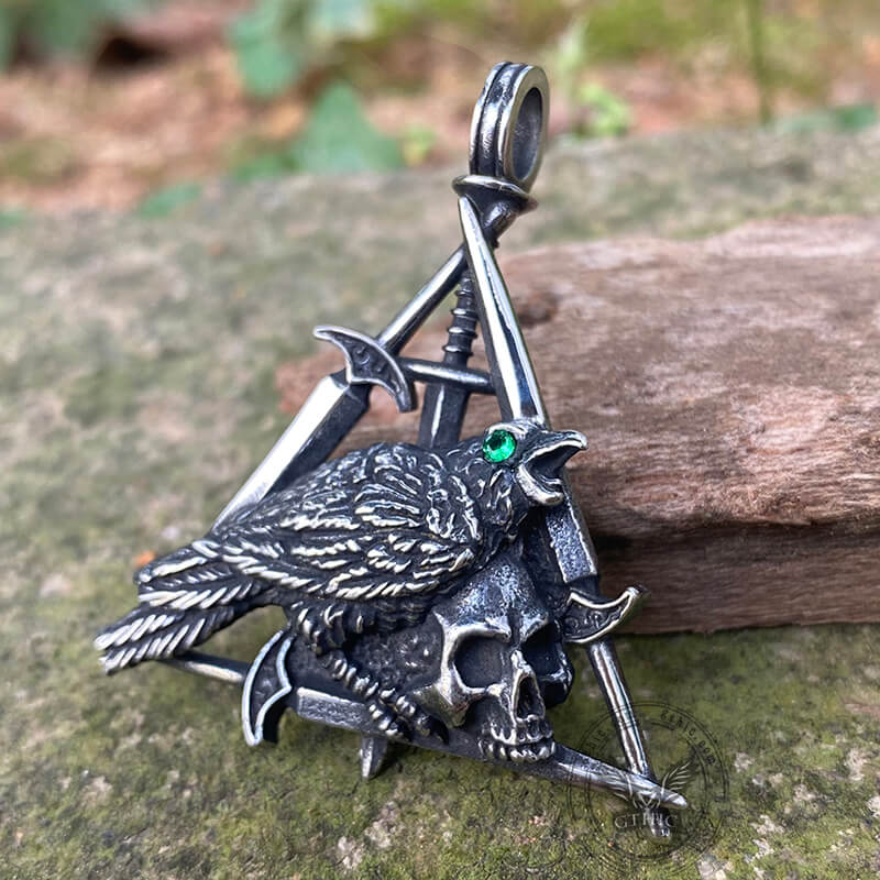 Wicca Sword Crow Stainless Steel Skull Pendant