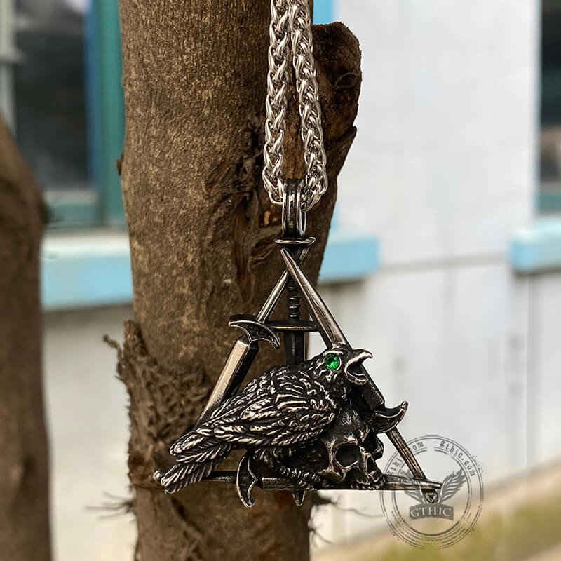 Wicca Sword Crow Stainless Steel Skull Pendant