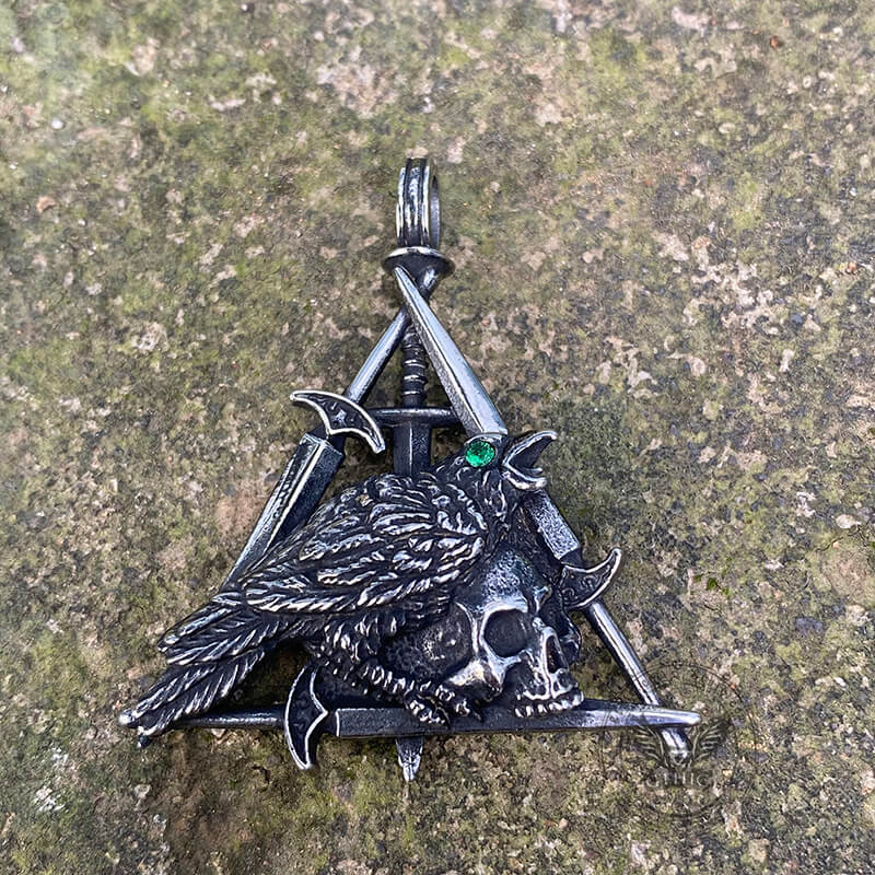 Wicca Sword Crow Stainless Steel Skull Pendant