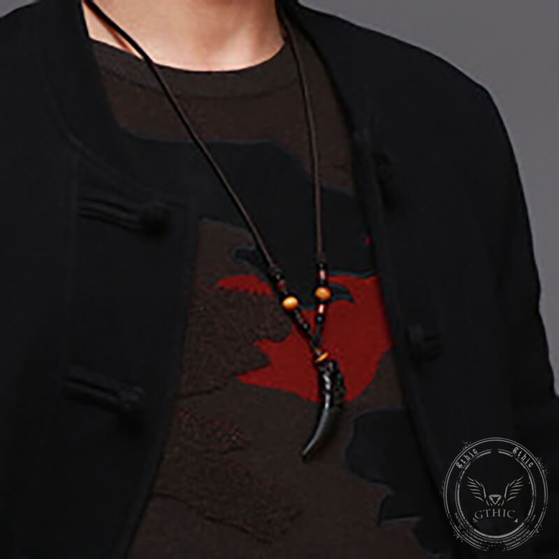 Wolf Tooth Obsidian Amulet Pendant Necklace