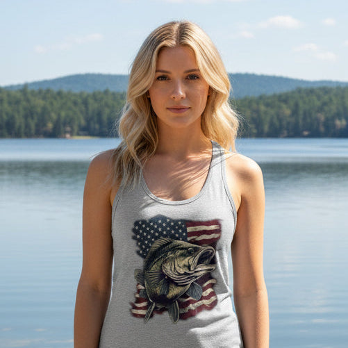 Bass Fishing USA Women’s Racerback Tank, Grey or White