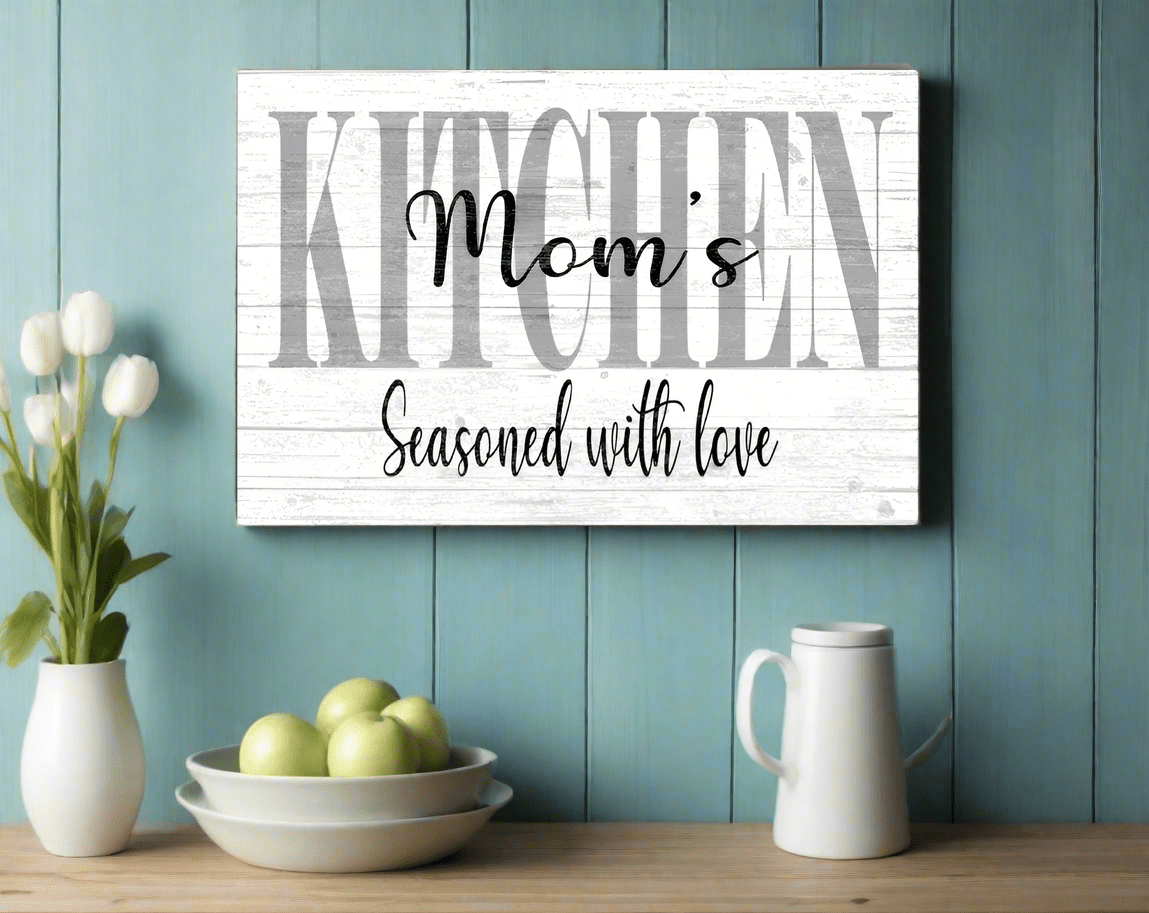 Personalized Kitchen Sign – “Seasoned With Love” Rustic Wall Art | Custom Solid Wood Gift for Mom or Home Chef