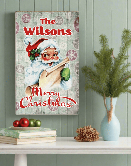 Wooden Vintage Christmas Sign with Family Name Santa Holiday Decoration Gift - Personalized - 16.5" x 10.5"