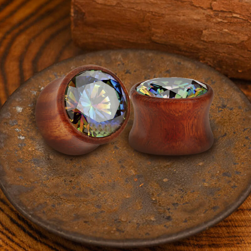 Wooden Inlaid Zircon Stone Ear Gauges