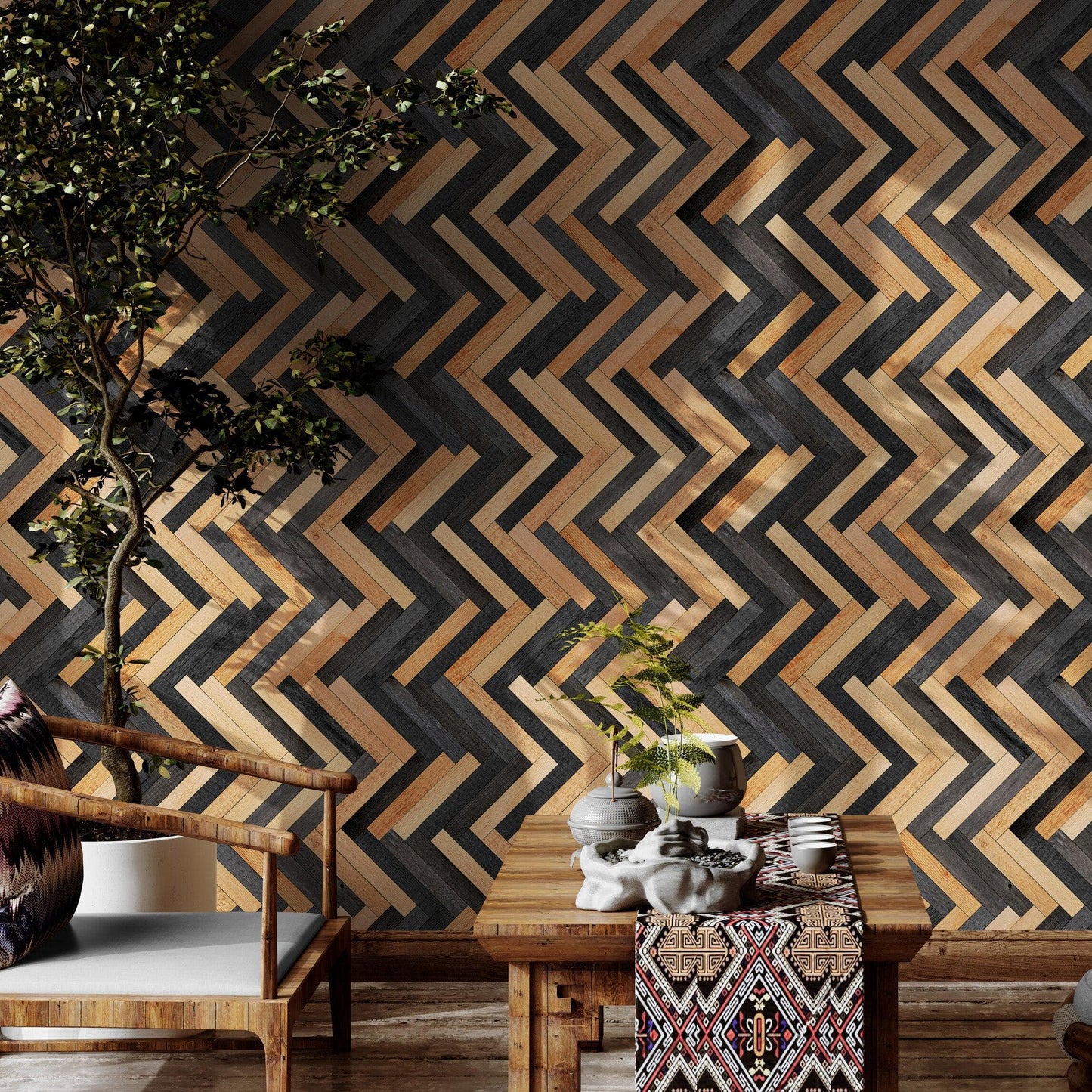 Modern Design Wooden Zigzag Panel Wallpaper Mural. #6736