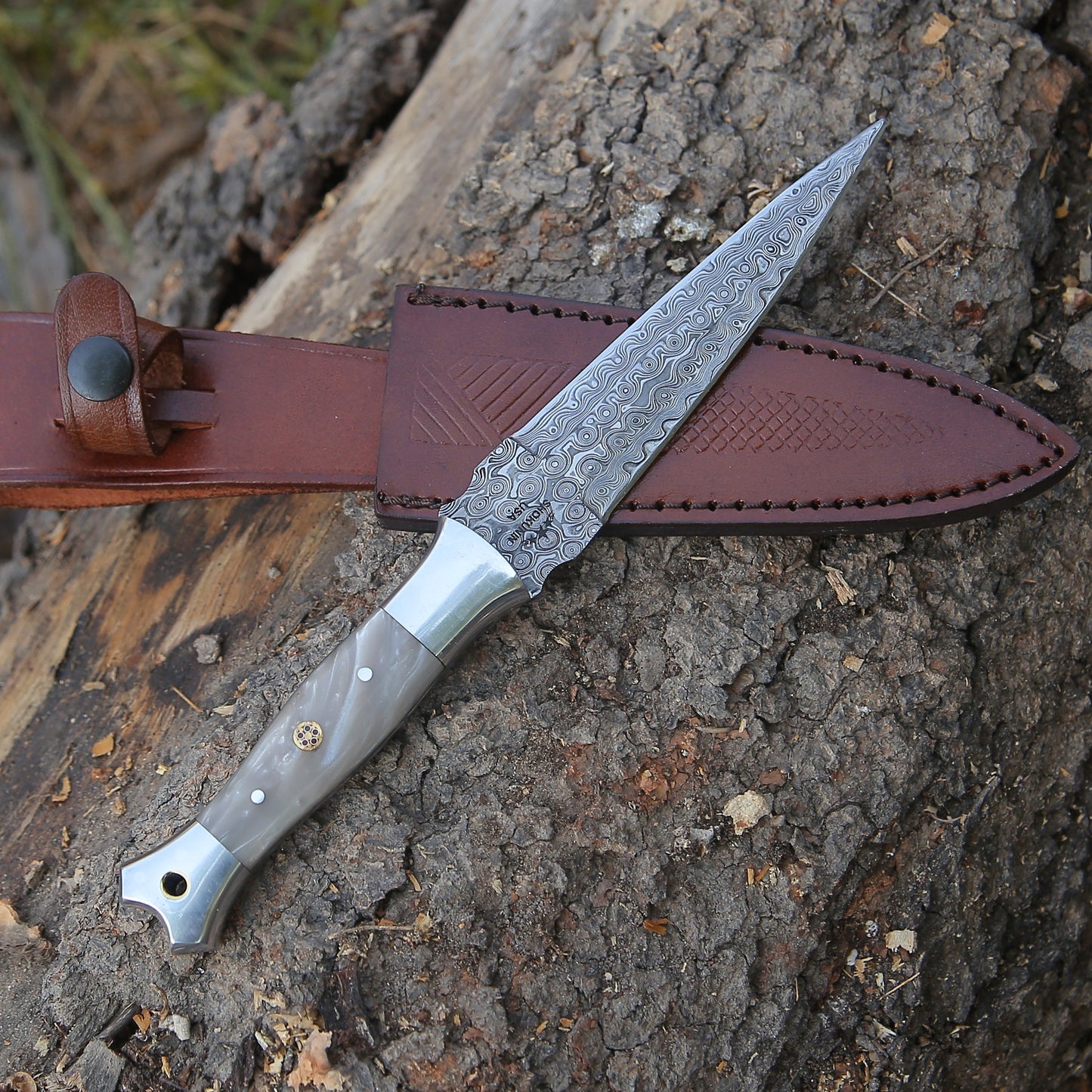 Prowler Damascus Fixed Blade Knife with Mother of Pearl Resin Handle