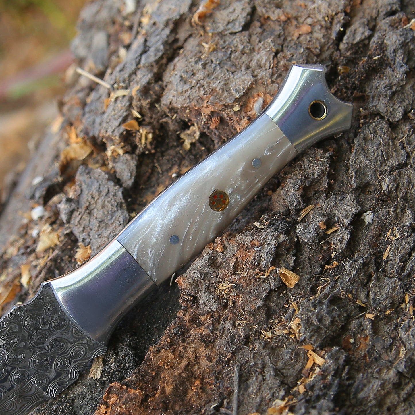 Prowler Damascus Fixed Blade Knife with Mother of Pearl Resin Handle