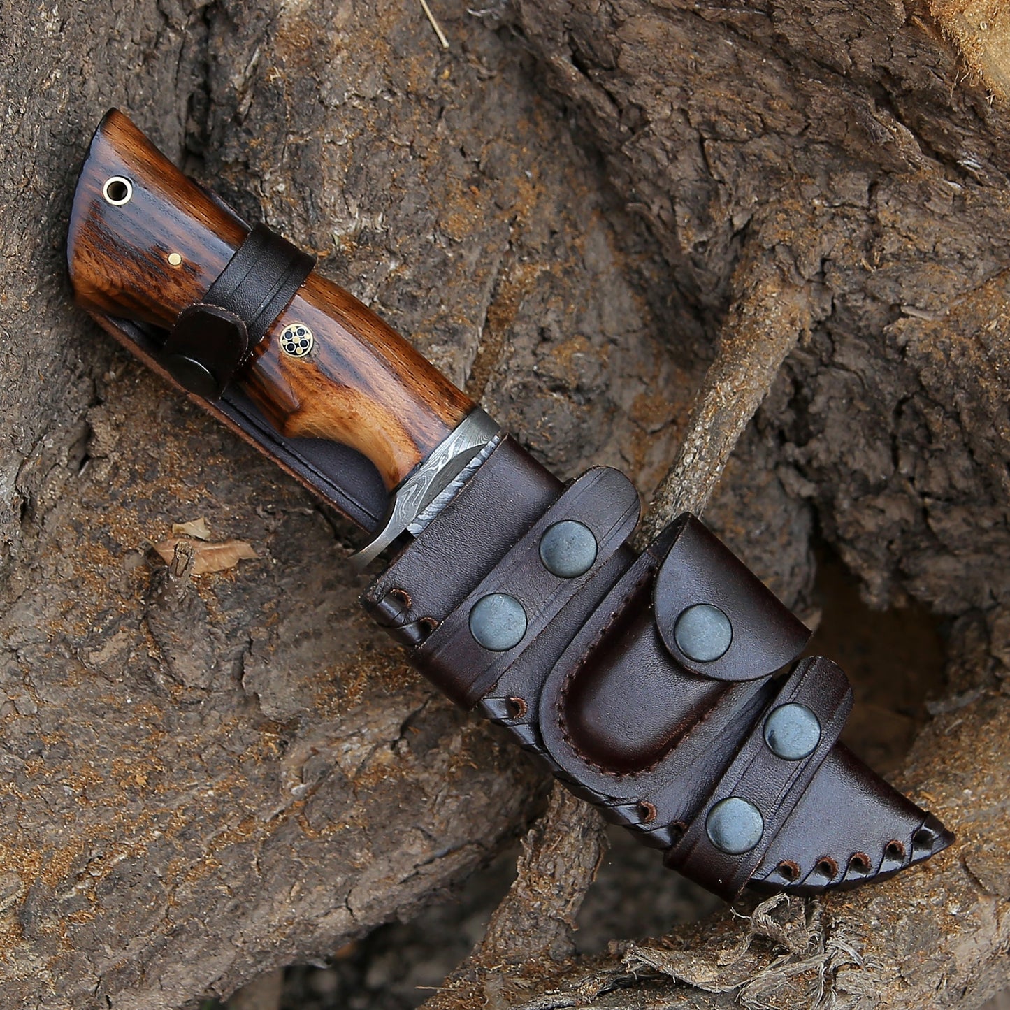 Frontier Custom Damascus Steel Knife with Charred Oak Wood Handle