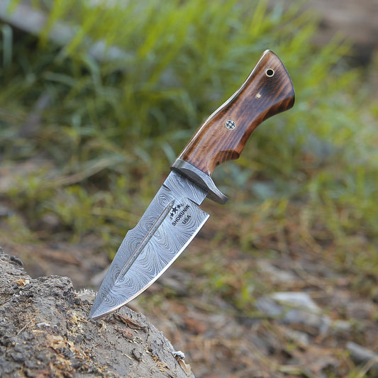 Frontier Custom Damascus Steel Knife with Charred Oak Wood Handle