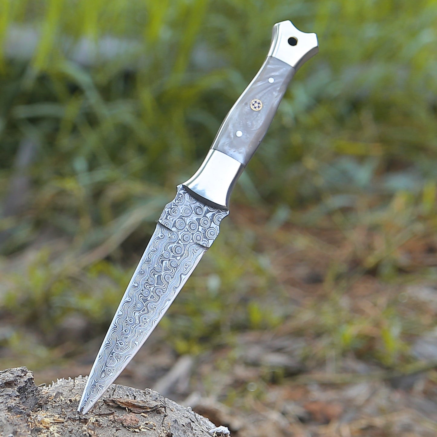 Prowler Damascus Fixed Blade Knife with Mother of Pearl Resin Handle