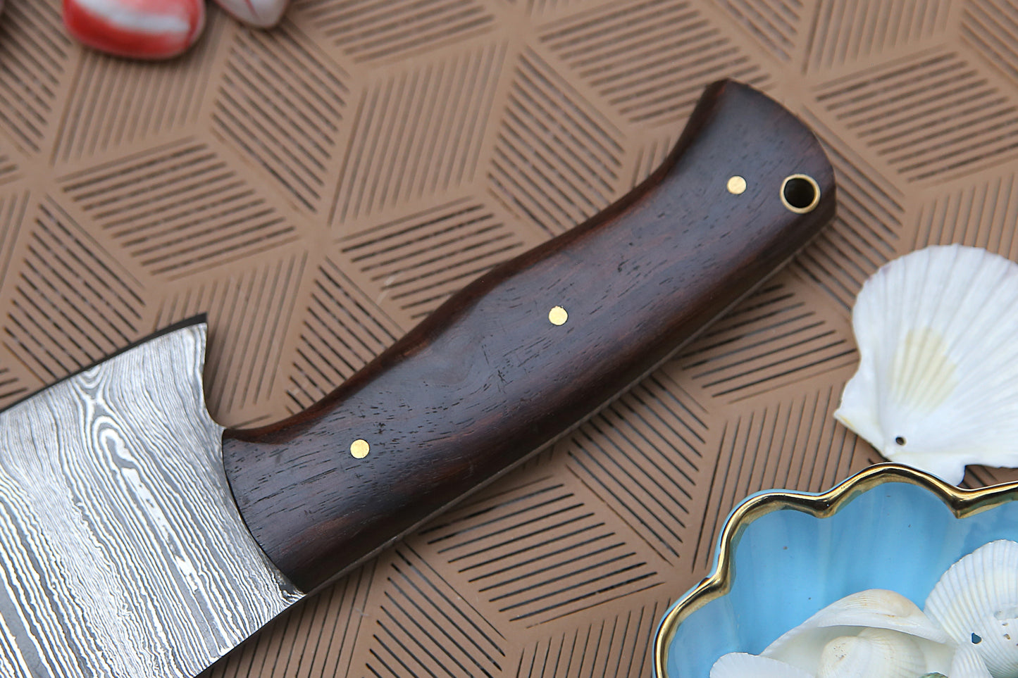 10" Handmade Damascus Cleaver Knife with Leather Sheath