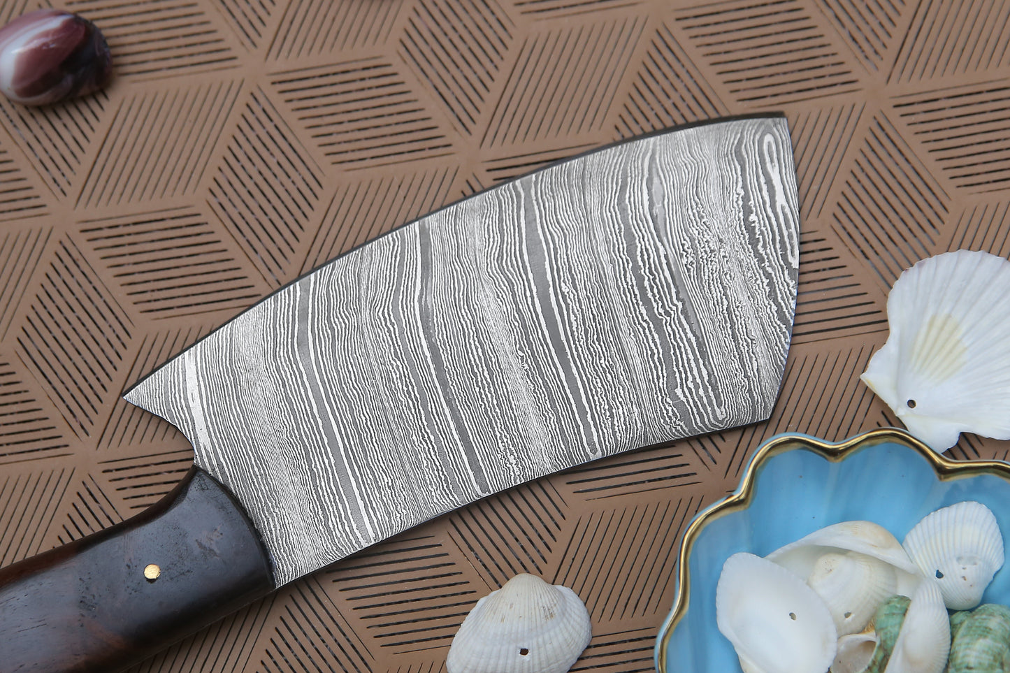 10" Handmade Damascus Cleaver Knife with Leather Sheath