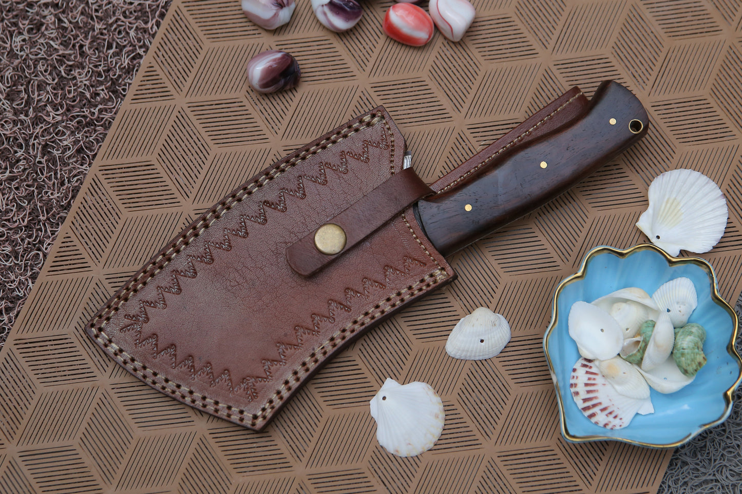 10" Handmade Damascus Cleaver Knife with Leather Sheath