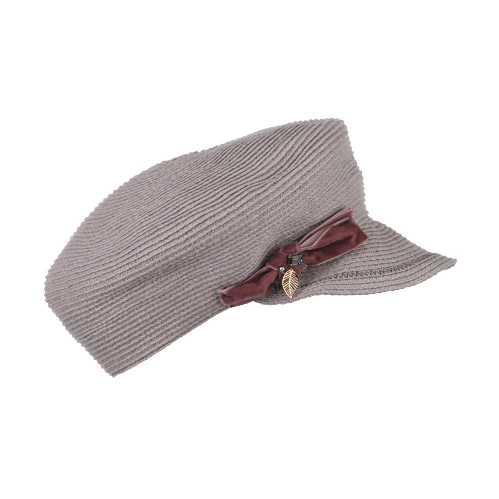 Women's Paper Braid Newsboy Hat with Velvet Bow Trim