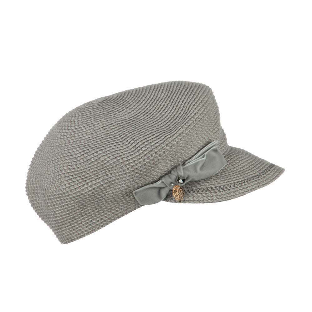 Women's Paper Braid Newsboy Hat with Velvet Bow Trim