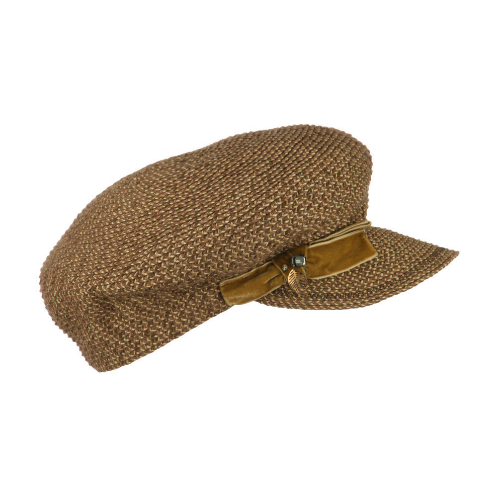 Women's Paper Braid Newsboy Hat with Velvet Bow Trim