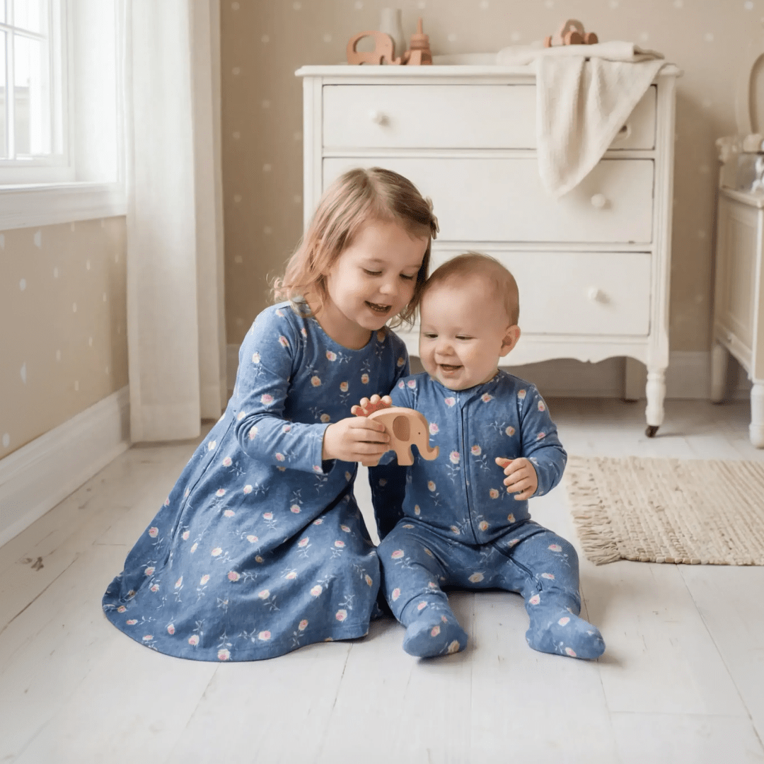 Swirly Girl Dress Denim Roses